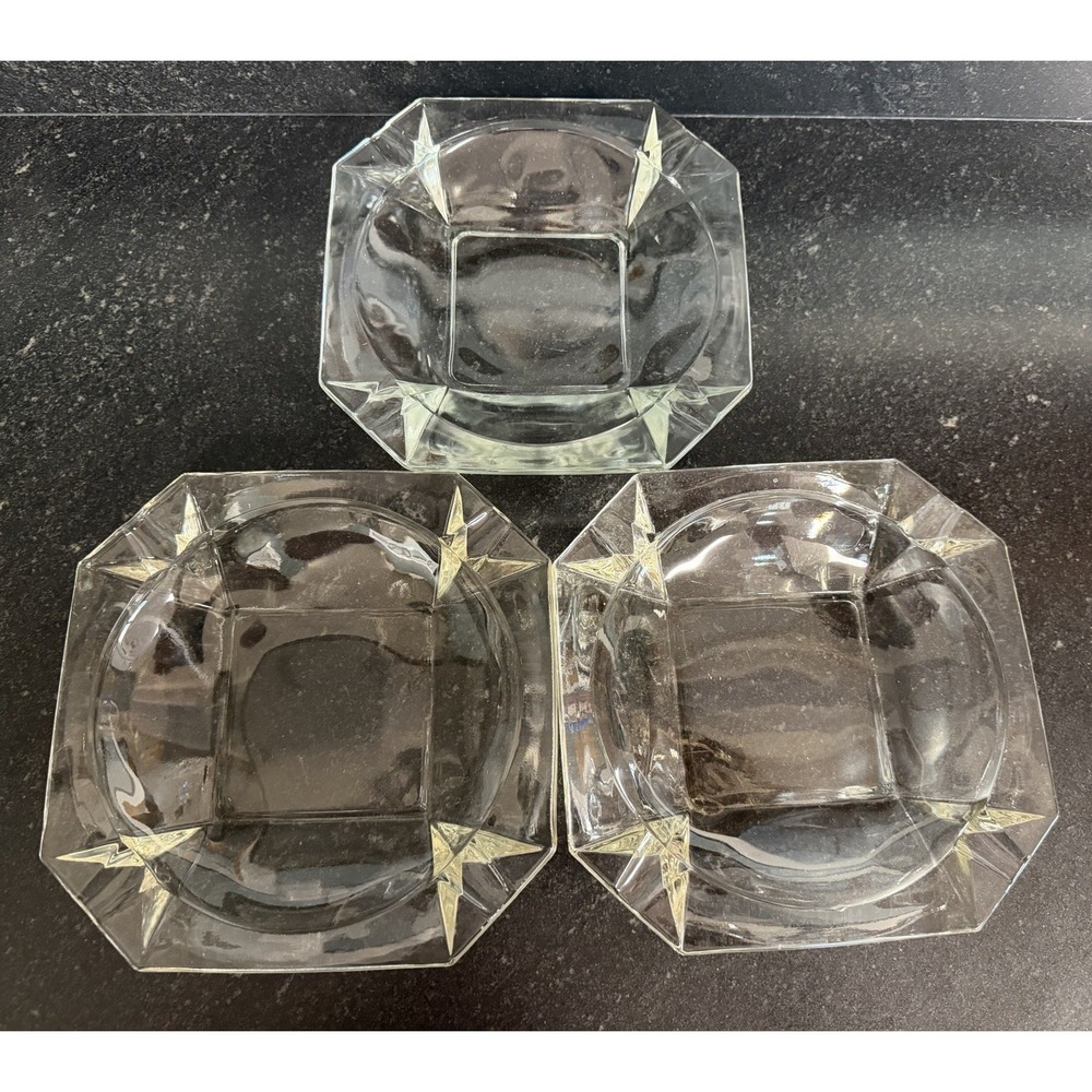 Vtg MCM Heavy Glass Octagon Starburst Ashtray/Catchall/Trinket Dish 8" Set of 3